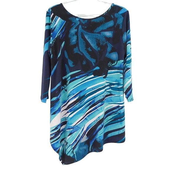Clara Sun Woo Blue Floral Abstract Asymmetric Tunic Top Women's S Artsy Relaxed - Picture 2 of 8
